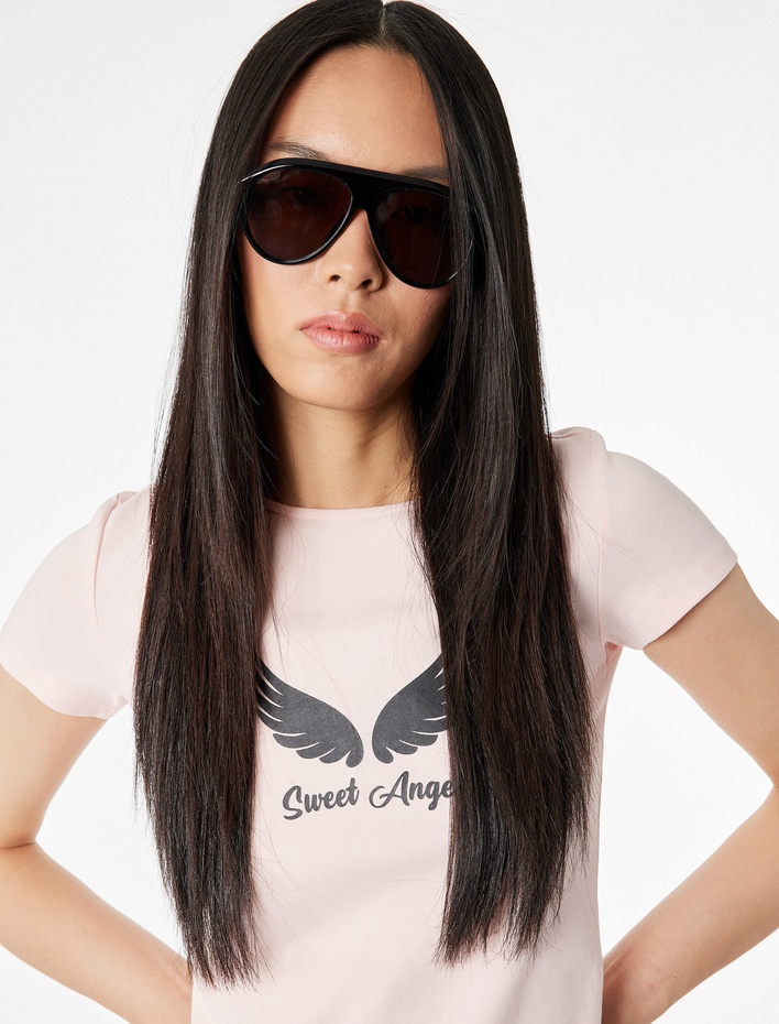  Melek Baskılı Kısa Kollu Bisiklet Yaka Pamuklu Tişört