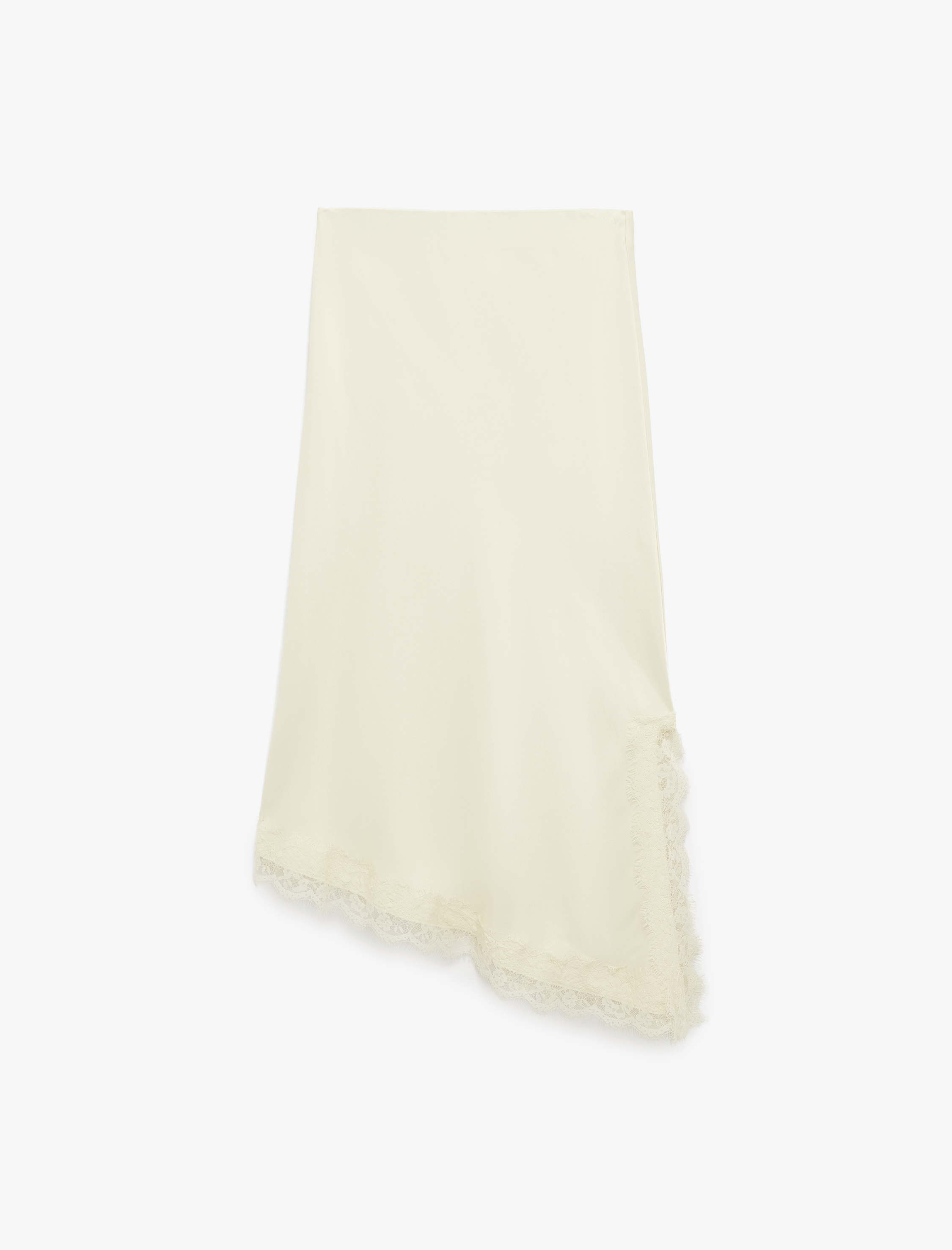   Slim Fit Yırtmaçlı Asimetrik Kesim Dantel Detaylı Midi Saten Etek