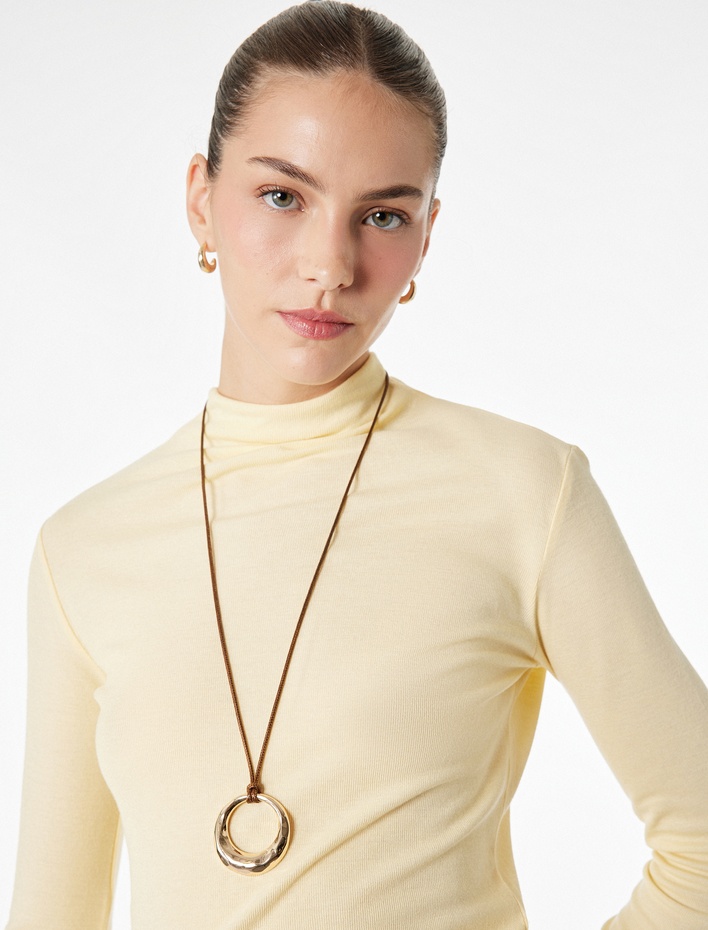  Koyun Yünü Karışımlı Slim Fit Uzun Kollu Dik Yaka Tişört