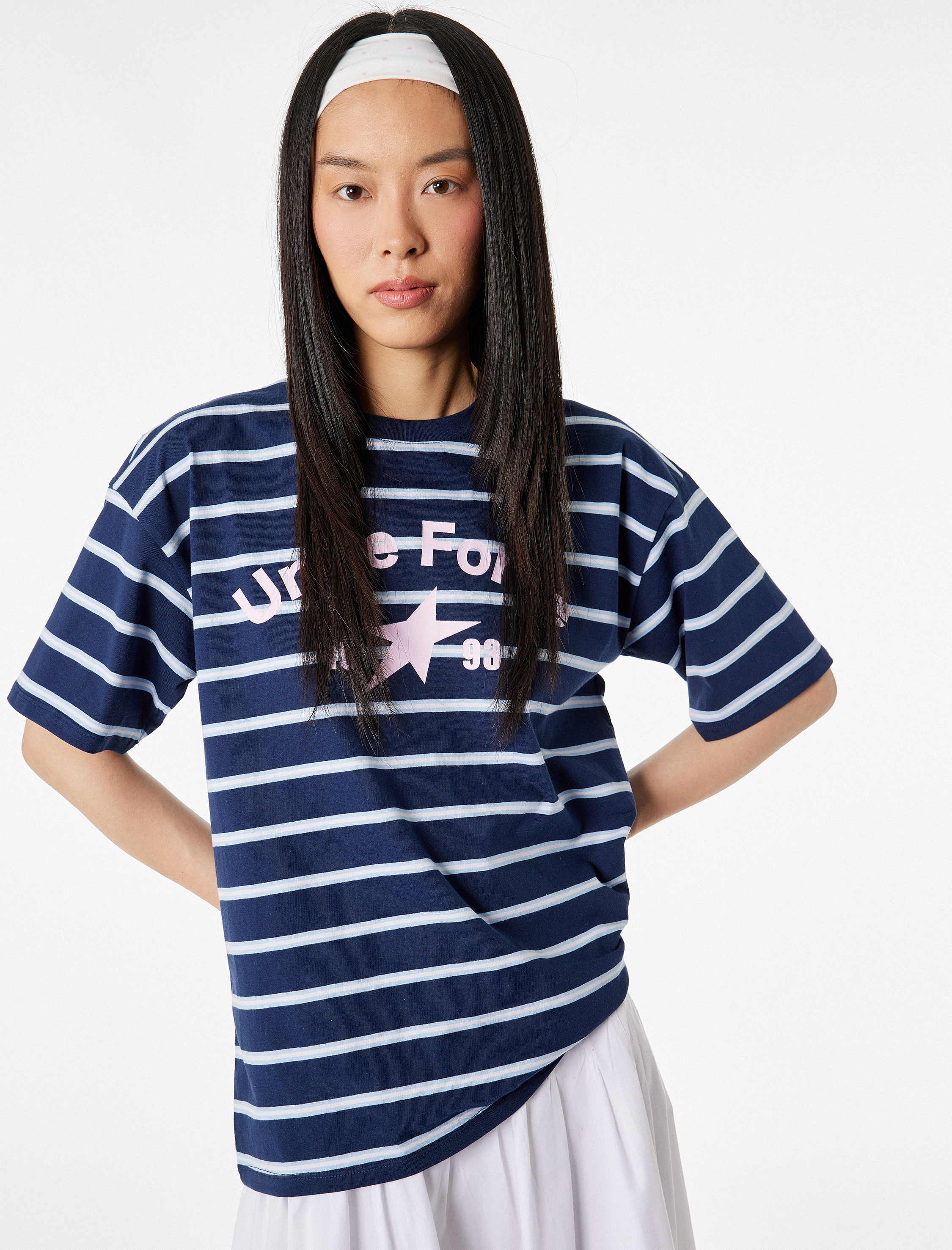   Rahat Kalıp Kısa Kollu Bisiklet Yaka Çizgili Pamuklu Tişört