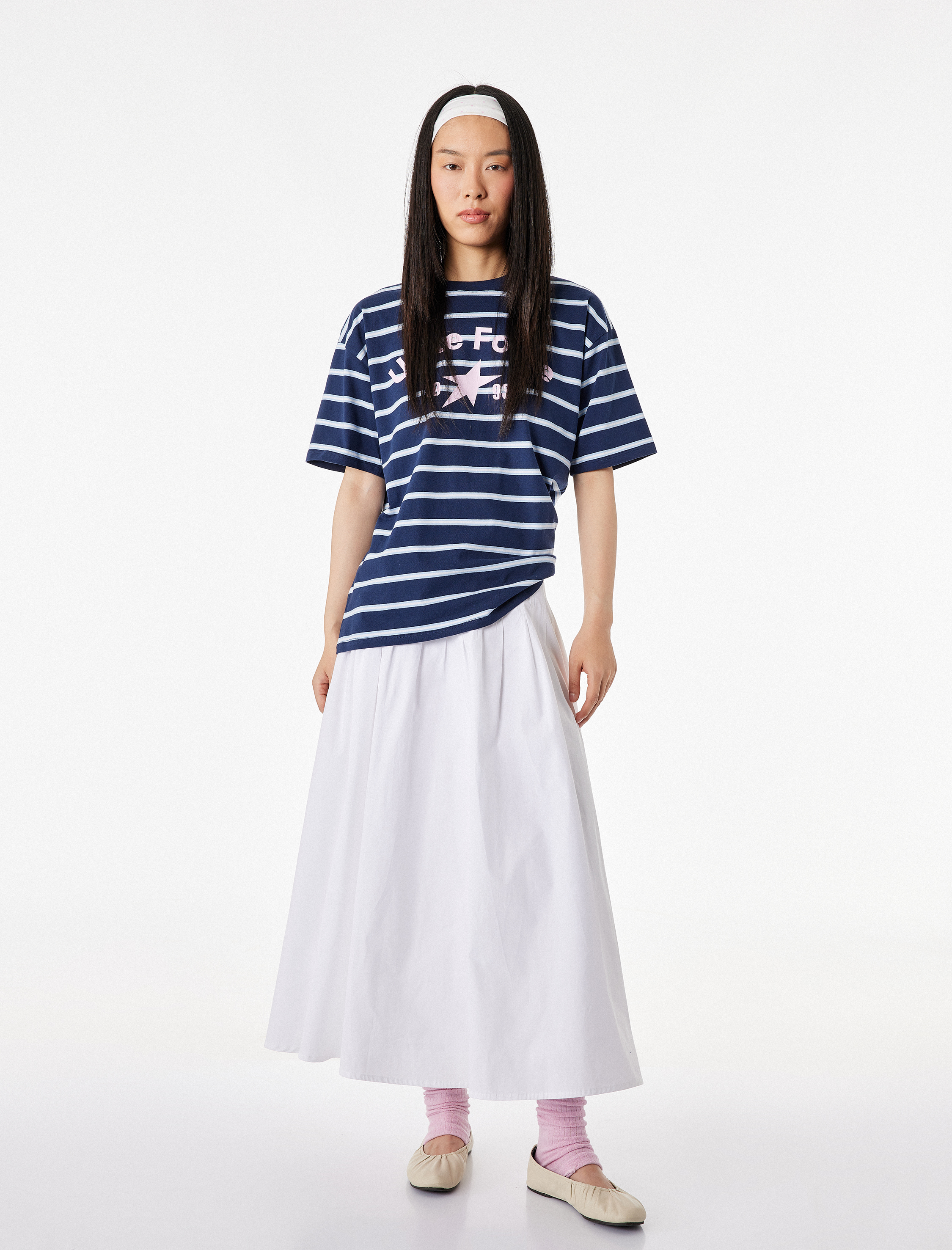   Rahat Kalıp Kısa Kollu Bisiklet Yaka Çizgili Pamuklu Tişört