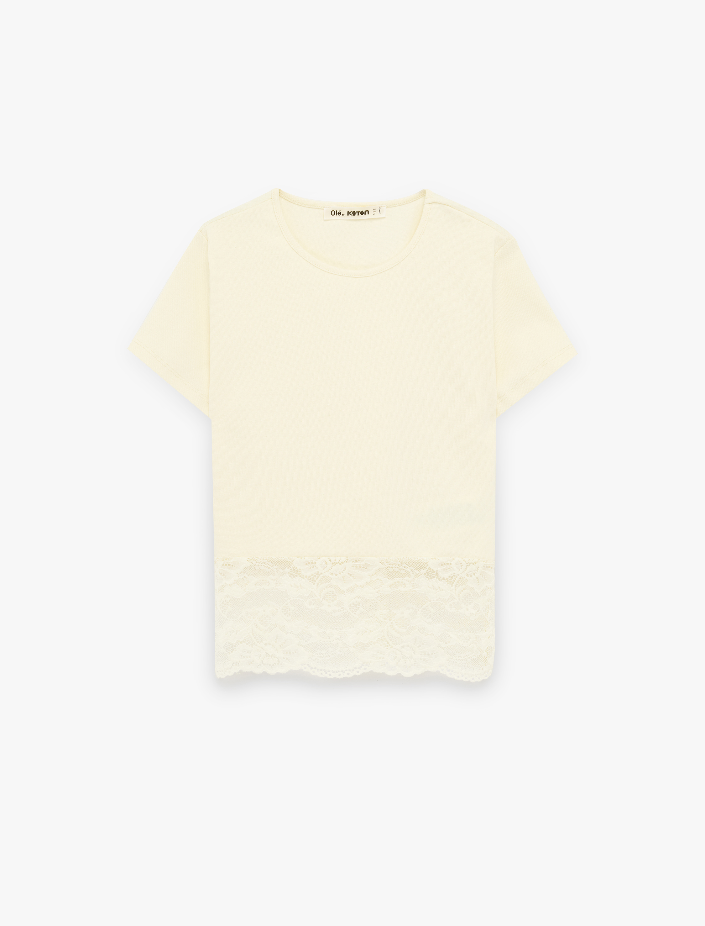   Slim Fit Kısa Kollu Bisiklet Yaka Dantelli Pamuklu Tişört