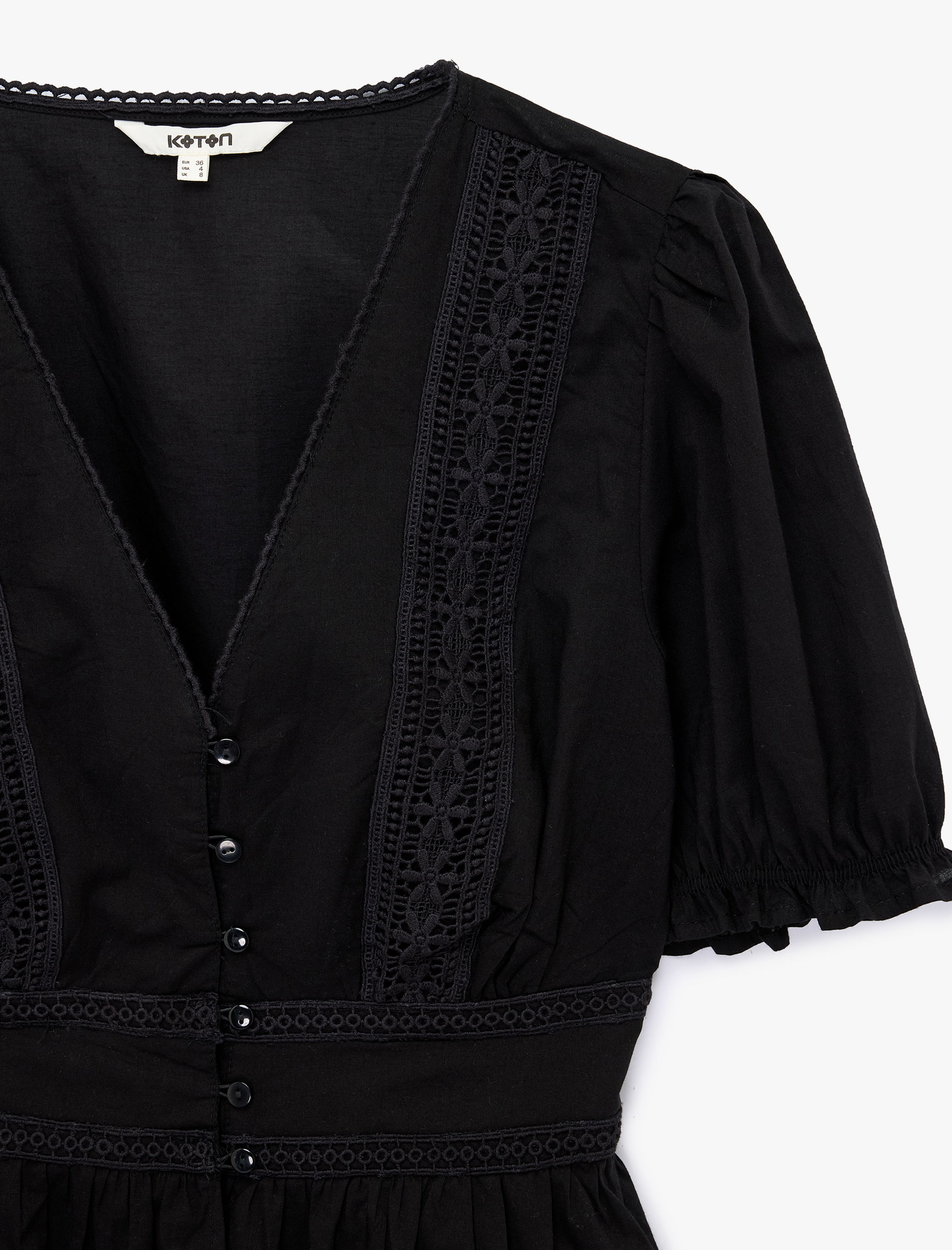   Pamuklu Slim Fit V Yaka Dantelli Kısa Balon Kollu Bluz