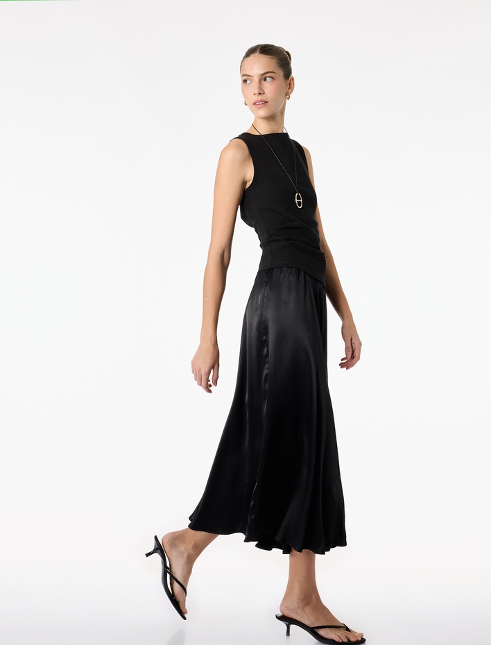  Beli Bağcıklı Kloş Midi Saten Etek