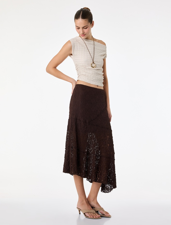  Asimetrik Kesim Uzun Dantel Etek