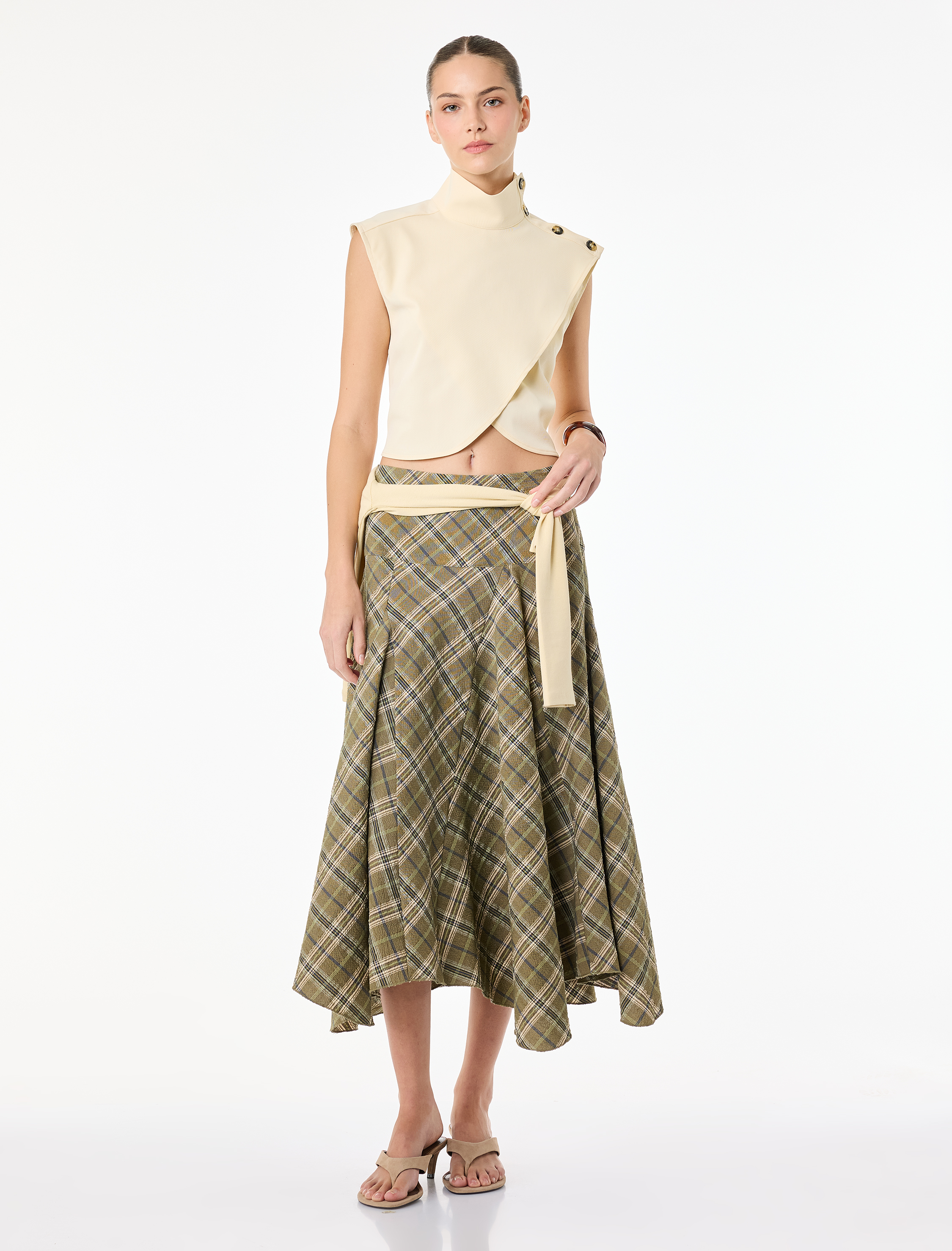   Viskon Karışımlı Asimetrik Kesim Midi Ekose Etek