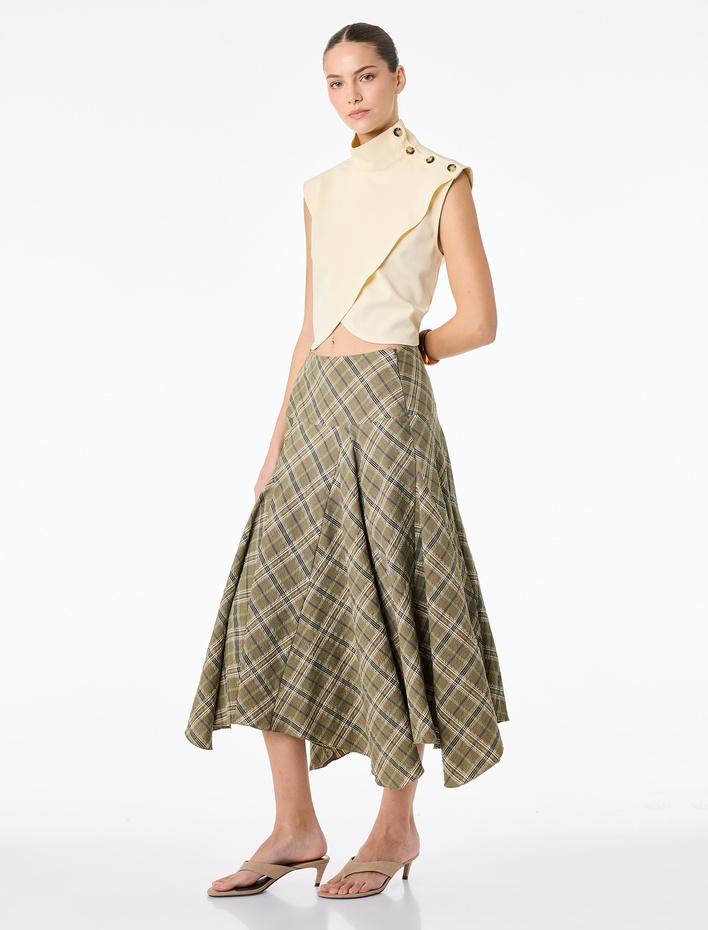  Viskon Karışımlı Asimetrik Kesim Midi Ekose Etek