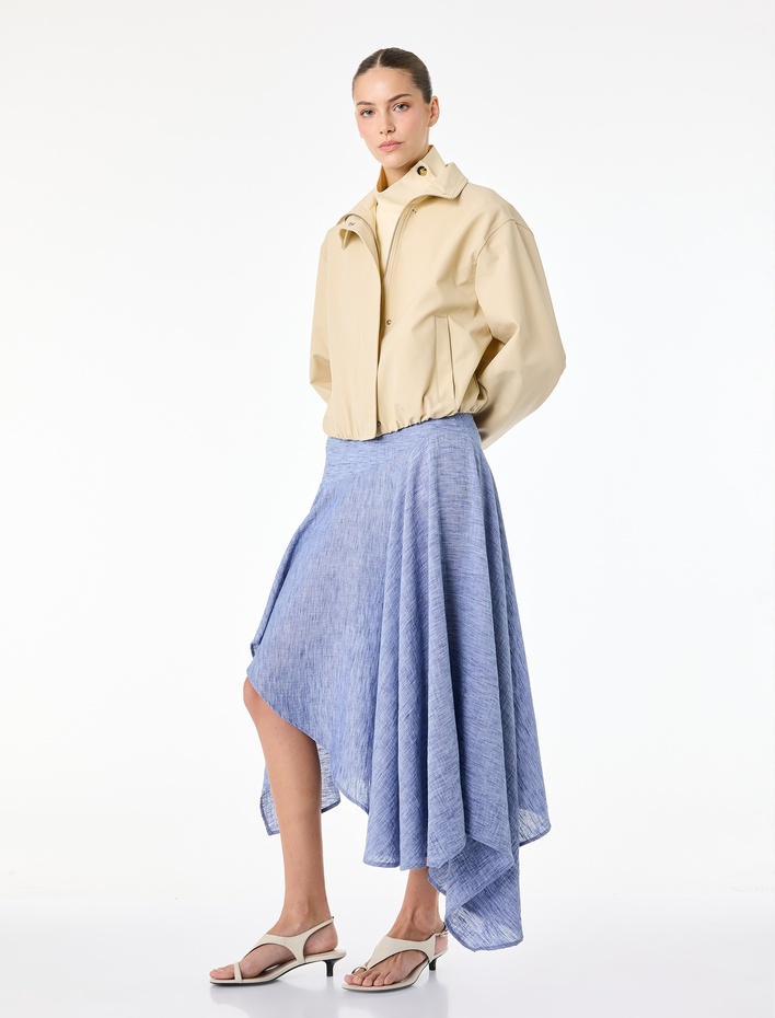  Asimetrik Kesim Normal Bel Midi Keten Görünümlü Etek