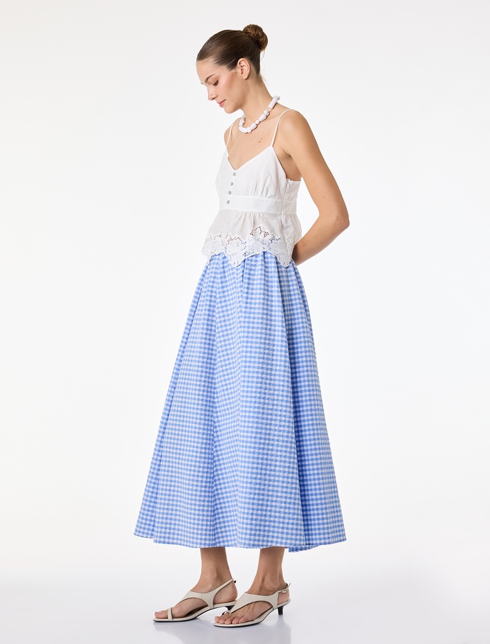  Bol Kalıp Çan Kesim Pötikareli Midi Etek