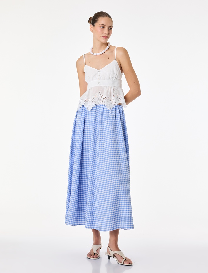  Bol Kalıp Çan Kesim Pötikareli Midi Etek