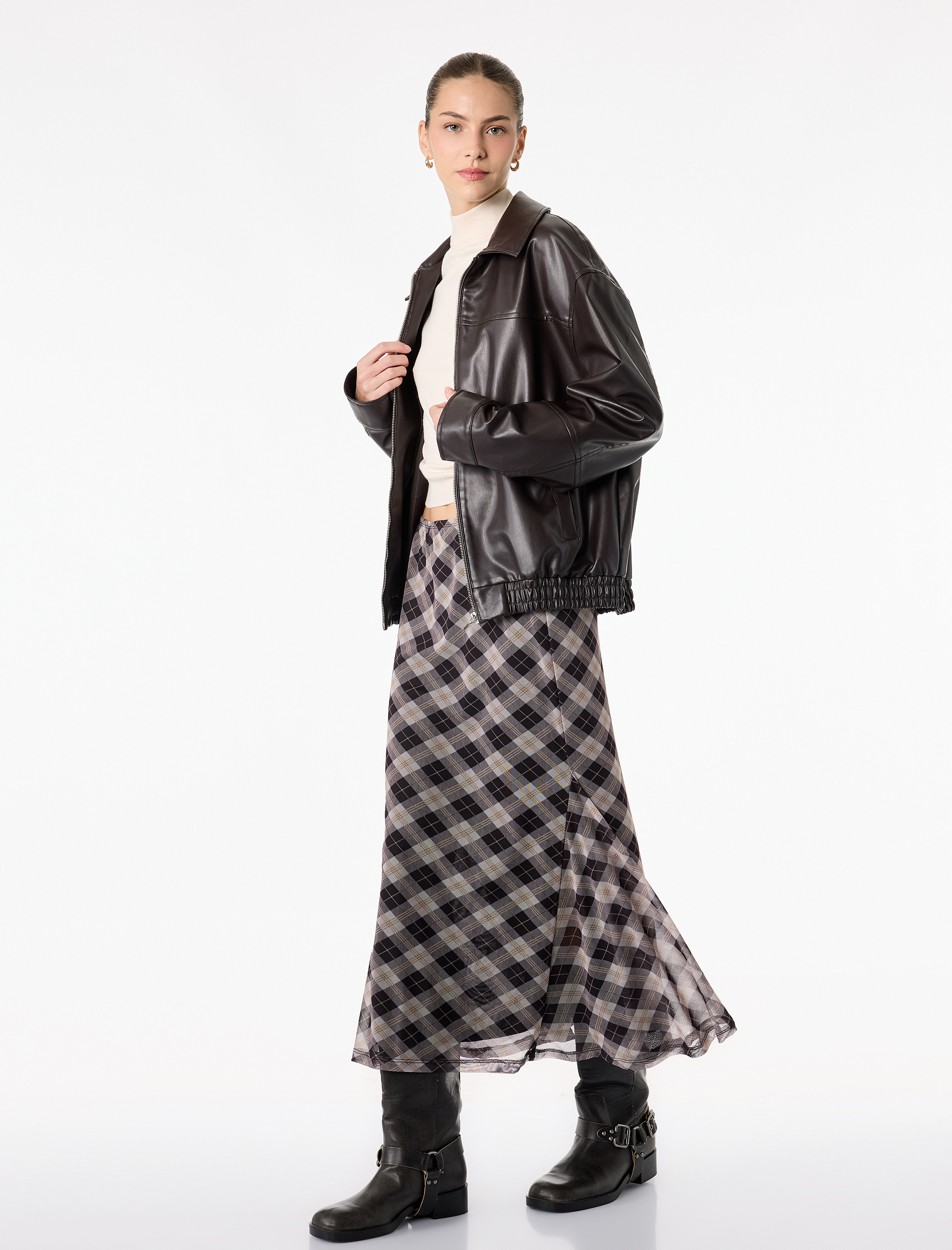   Asimetrik Kesim Midi Ekose Etek