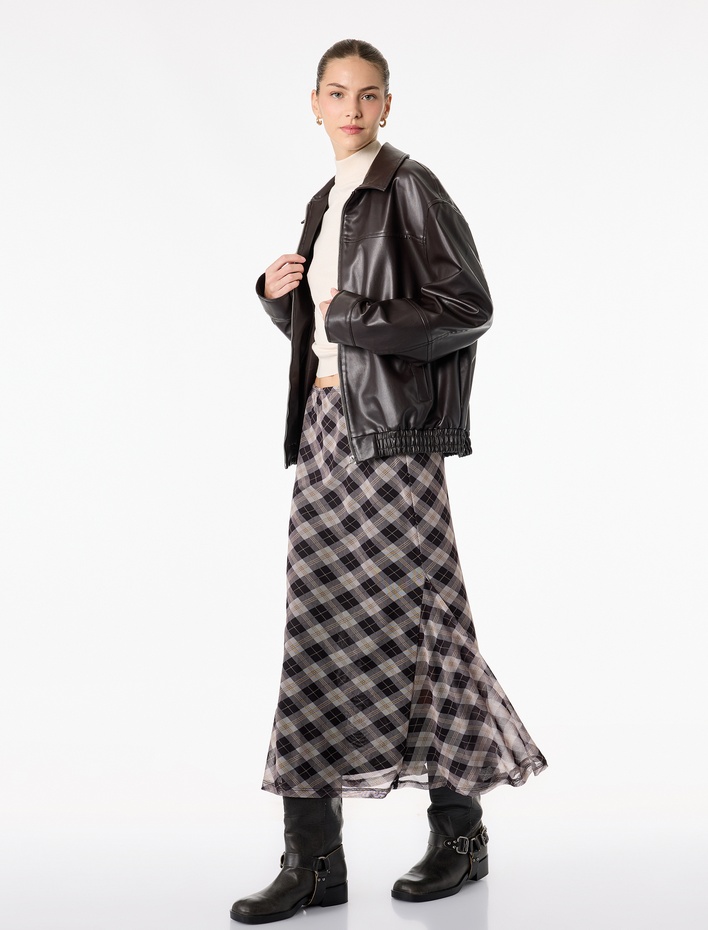  Asimetrik Kesim Midi Ekose Etek