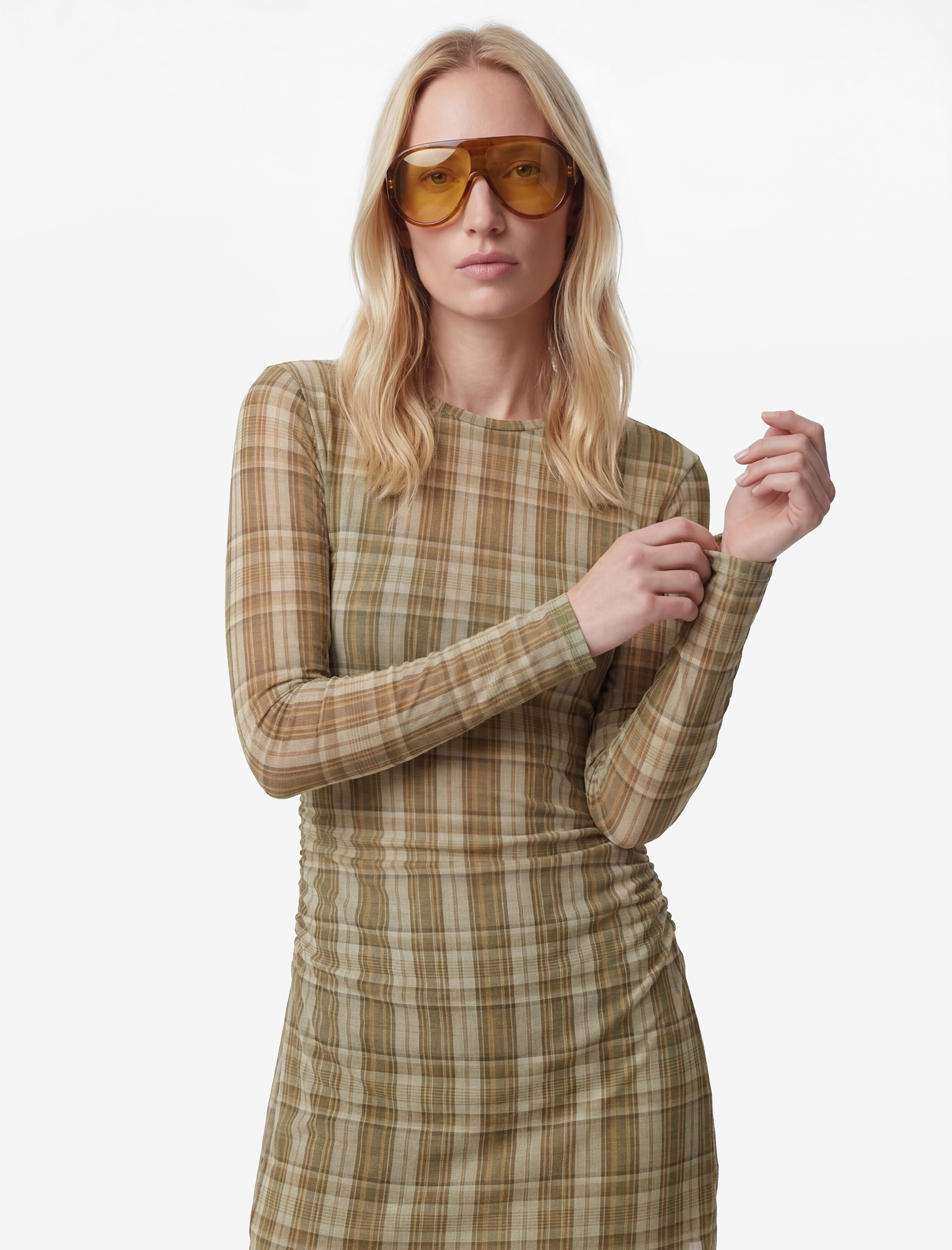 Slim Fit Uzun Kollu Yuvarlak Yaka Drapeli Detaylı Mini Ekose Tül Elbise