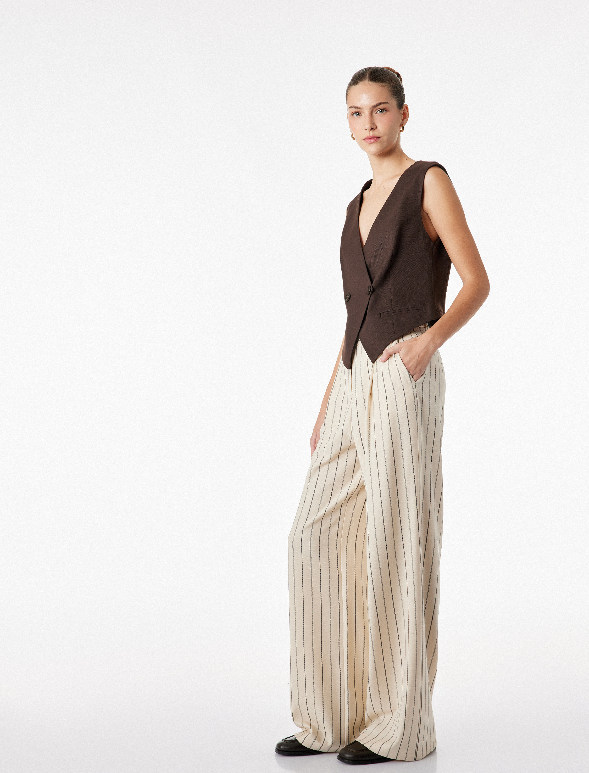 Çizgili Cep Detaylı Viskon Karışımlı Yüksek Bel Palazzo Pantolon - Görsel 2