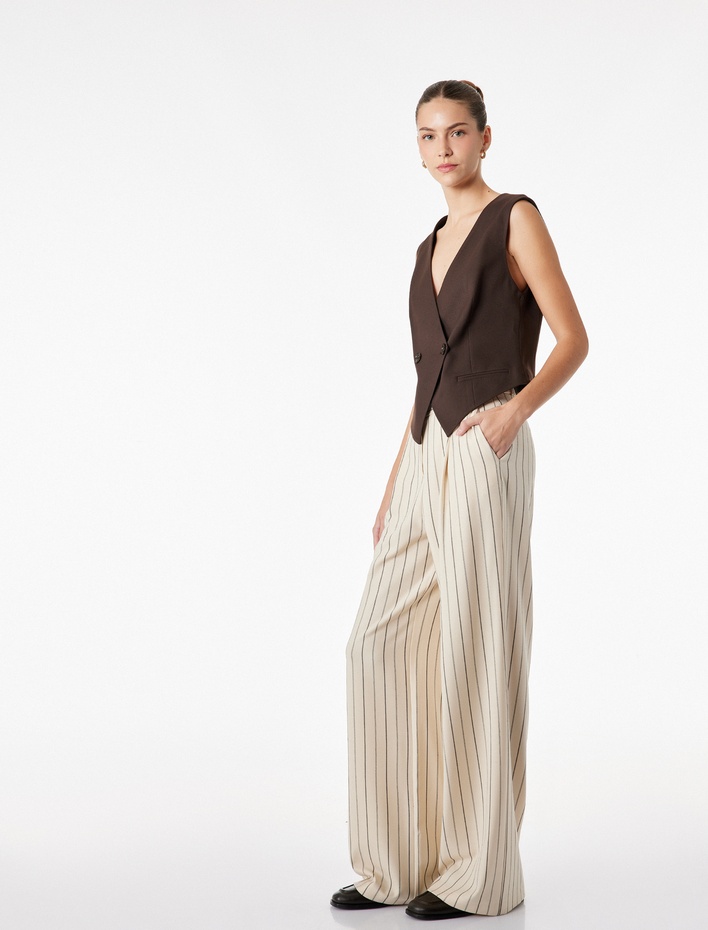 Çizgili Cep Detaylı Viskon Karışımlı Yüksek Bel Palazzo Pantolon