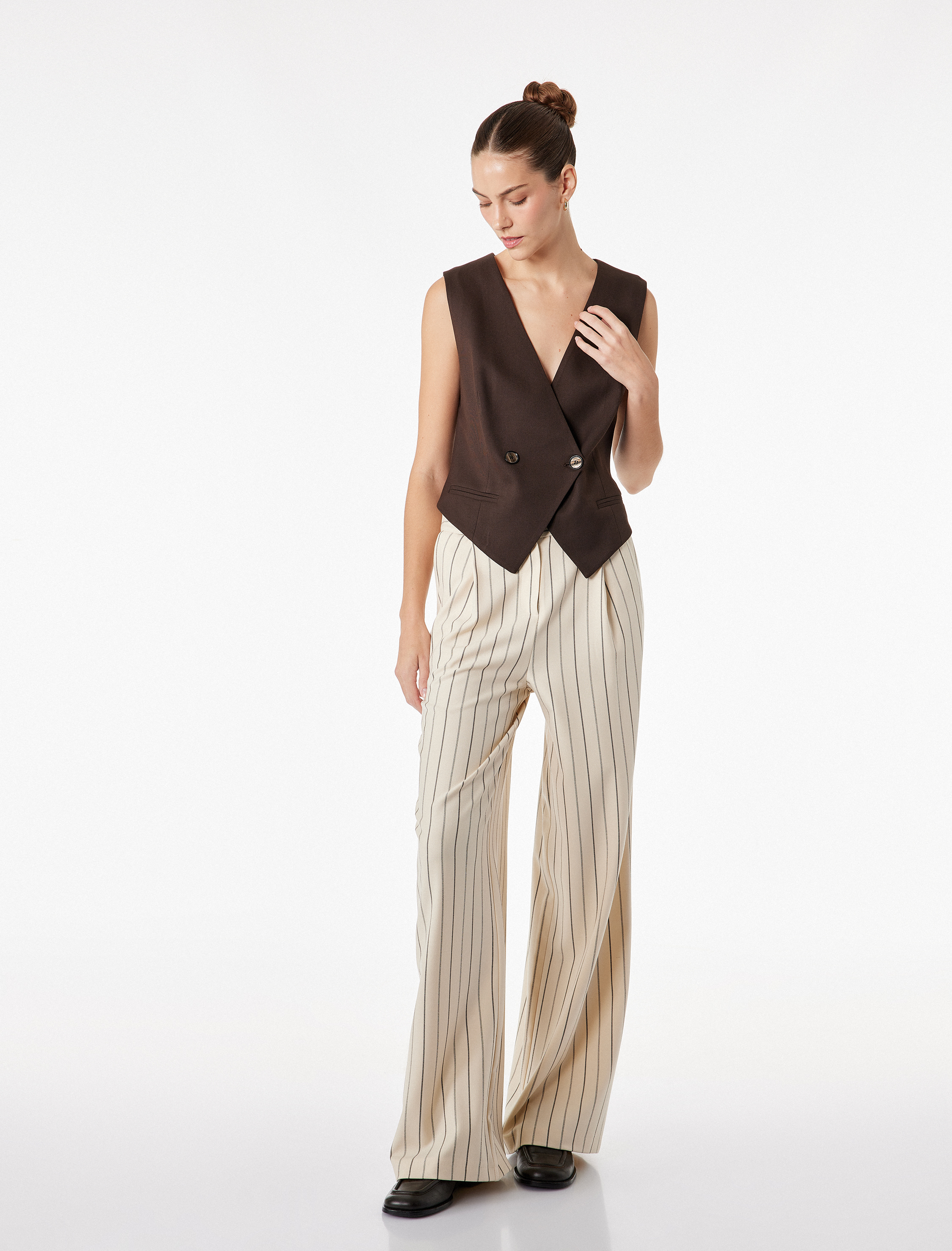 Çizgili Cep Detaylı Viskon Karışımlı Yüksek Bel Palazzo Pantolon