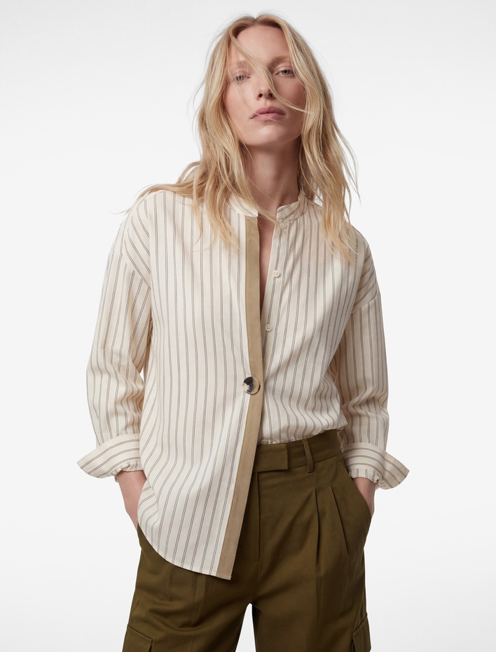  Pamuklu Uzun Kollu Düğme Detaylı Oversize Çizgili Kruvaze Yaka Gömlek