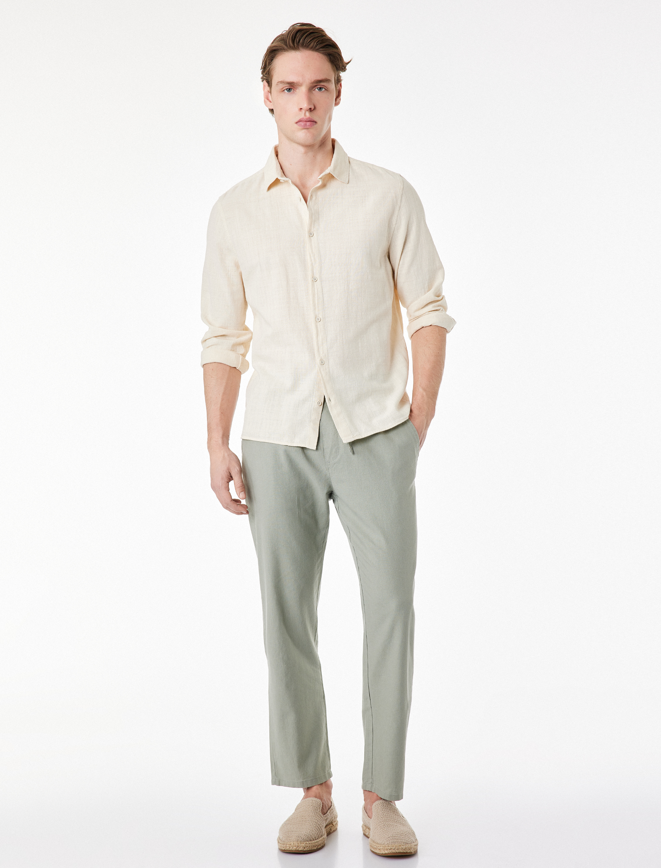   Beli Bağcıklı Cep Detaylı Keten Pamuk Karışımlı Pantolon