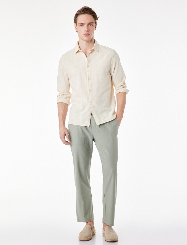  Beli Bağcıklı Cep Detaylı Keten Pamuk Karışımlı Pantolon