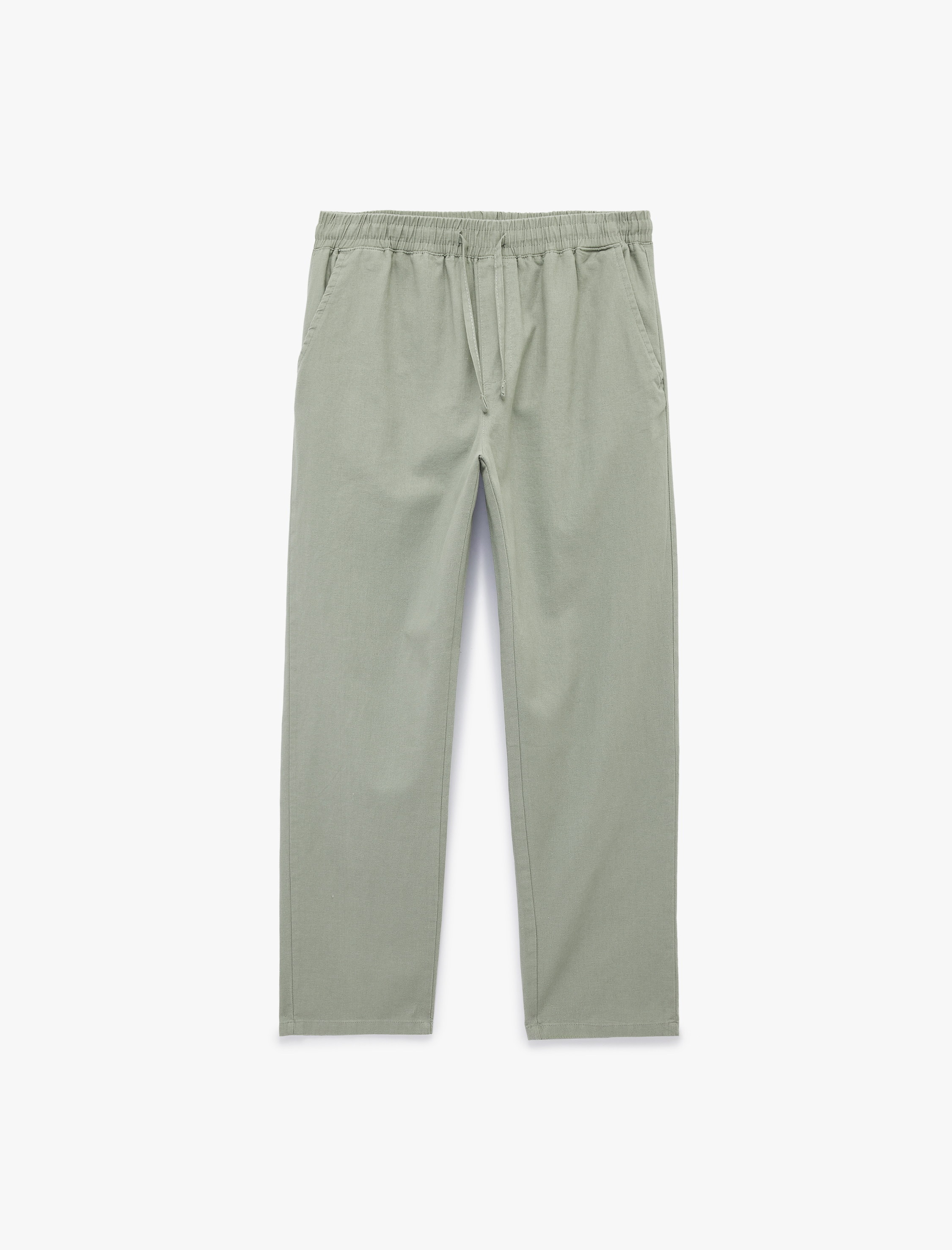   Beli Bağcıklı Cep Detaylı Keten Pamuk Karışımlı Pantolon