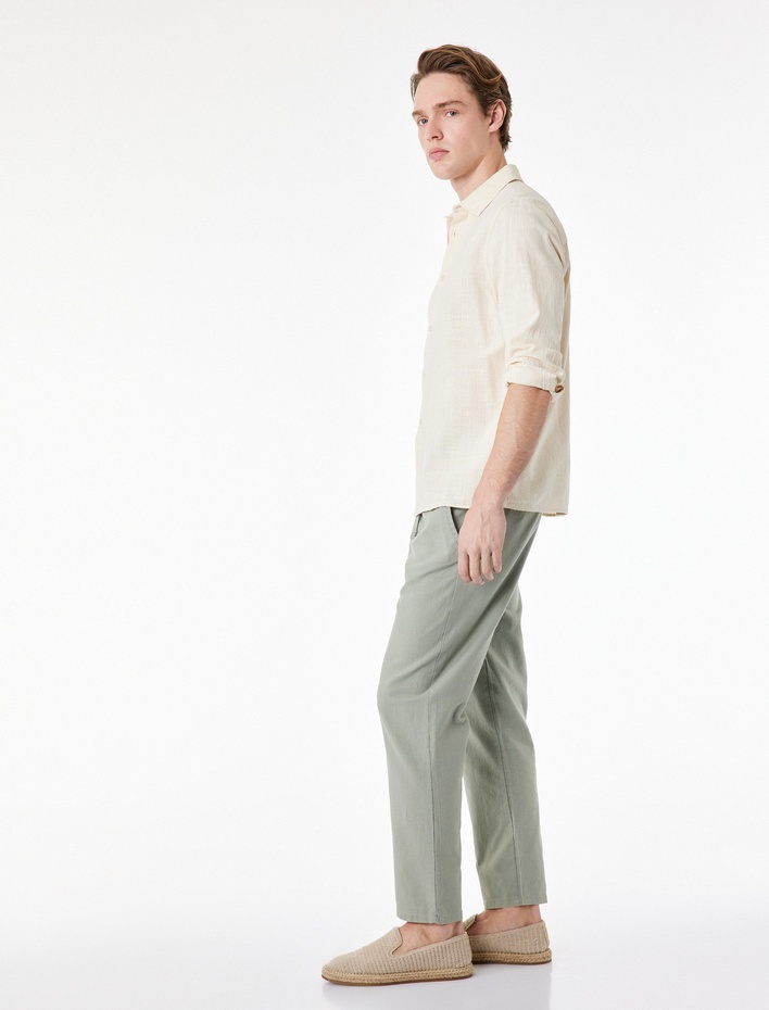 Beli Bağcıklı Cep Detaylı Keten Pamuk Karışımlı Pantolon