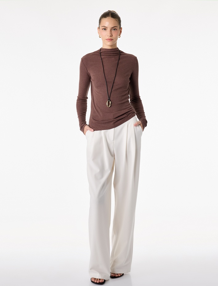  Koyun Yünü Karışımlı Slim Fit Uzun Kollu Dik Yaka Tişört