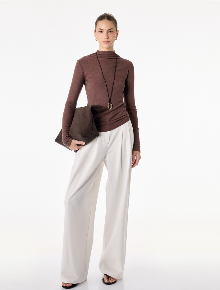  Koyun Yünü Karışımlı Slim Fit Uzun Kollu Dik Yaka Tişört