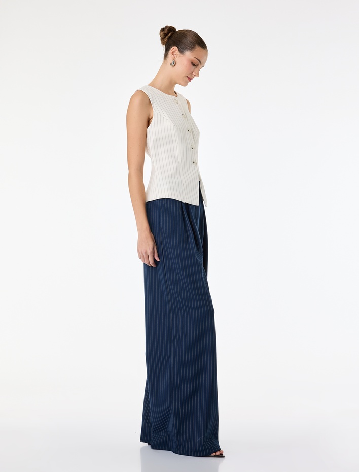  Cepli Pile Detaylı Geniş Paça Çizgili Pantolon