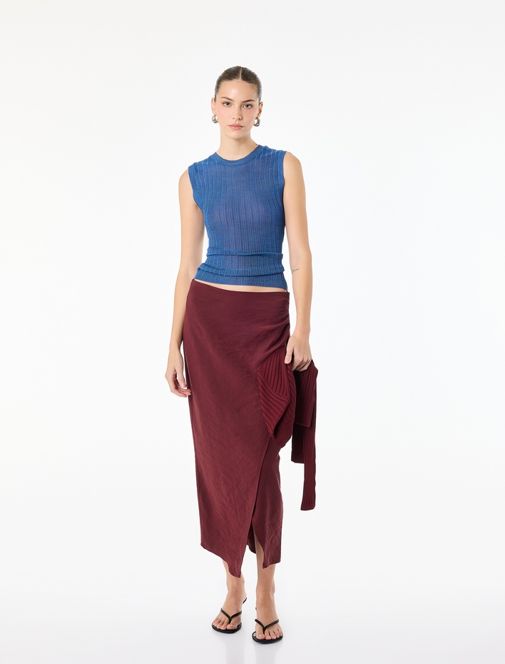  Drapeli Yırtmaç Detaylı Kruvaze Midi Etek