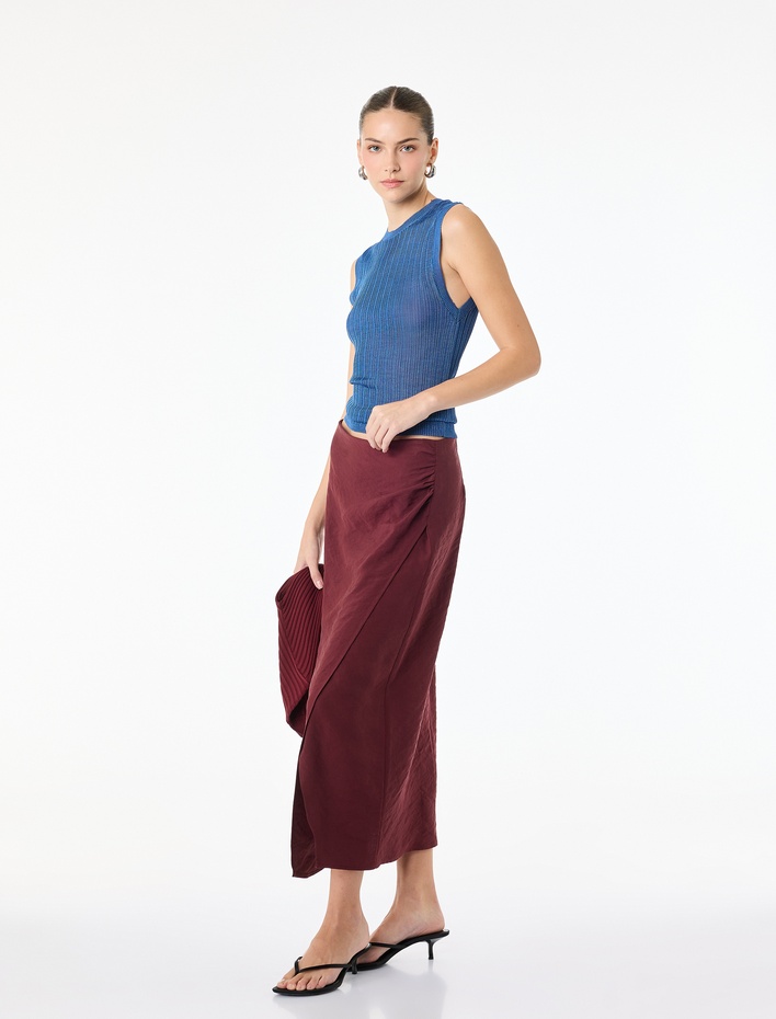  Drapeli Yırtmaç Detaylı Kruvaze Midi Etek