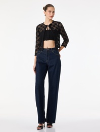 Slim Fit Uzun Kollu Bisiklet Yaka Önden Bağlamalı Fiyonklu Dantel Crop Bluz