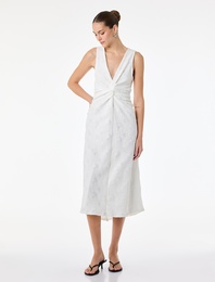 Slim Fit Kolsuz Floral Dokulu Düğüm Detaylı V Yaka Uzun Elbise