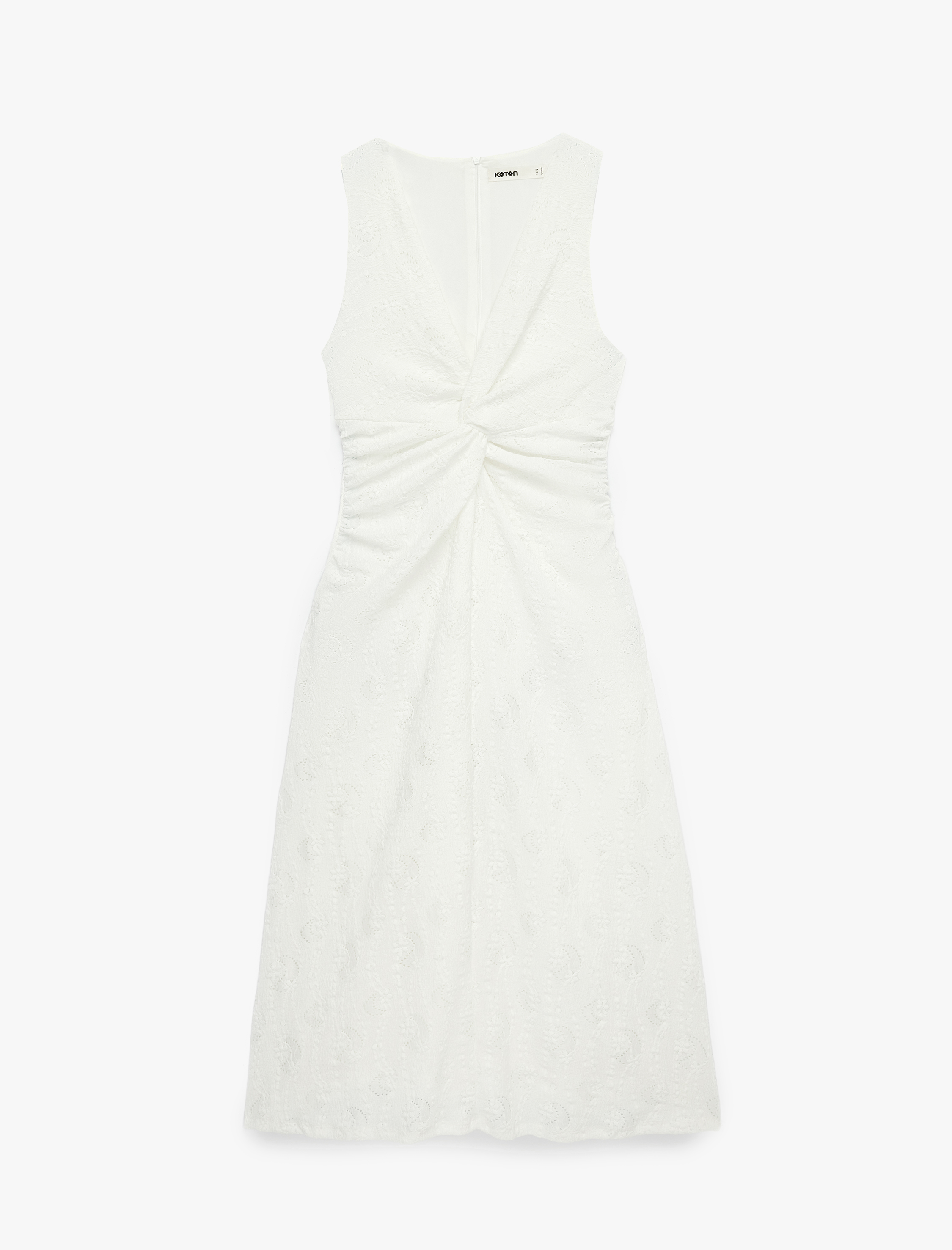   Slim Fit Kolsuz Floral Dokulu Düğüm Detaylı V Yaka Uzun Elbise