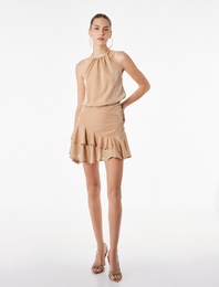 Halter Yaka Kolsuz Volanlı Katlı Metalik Mini Abiye Elbise