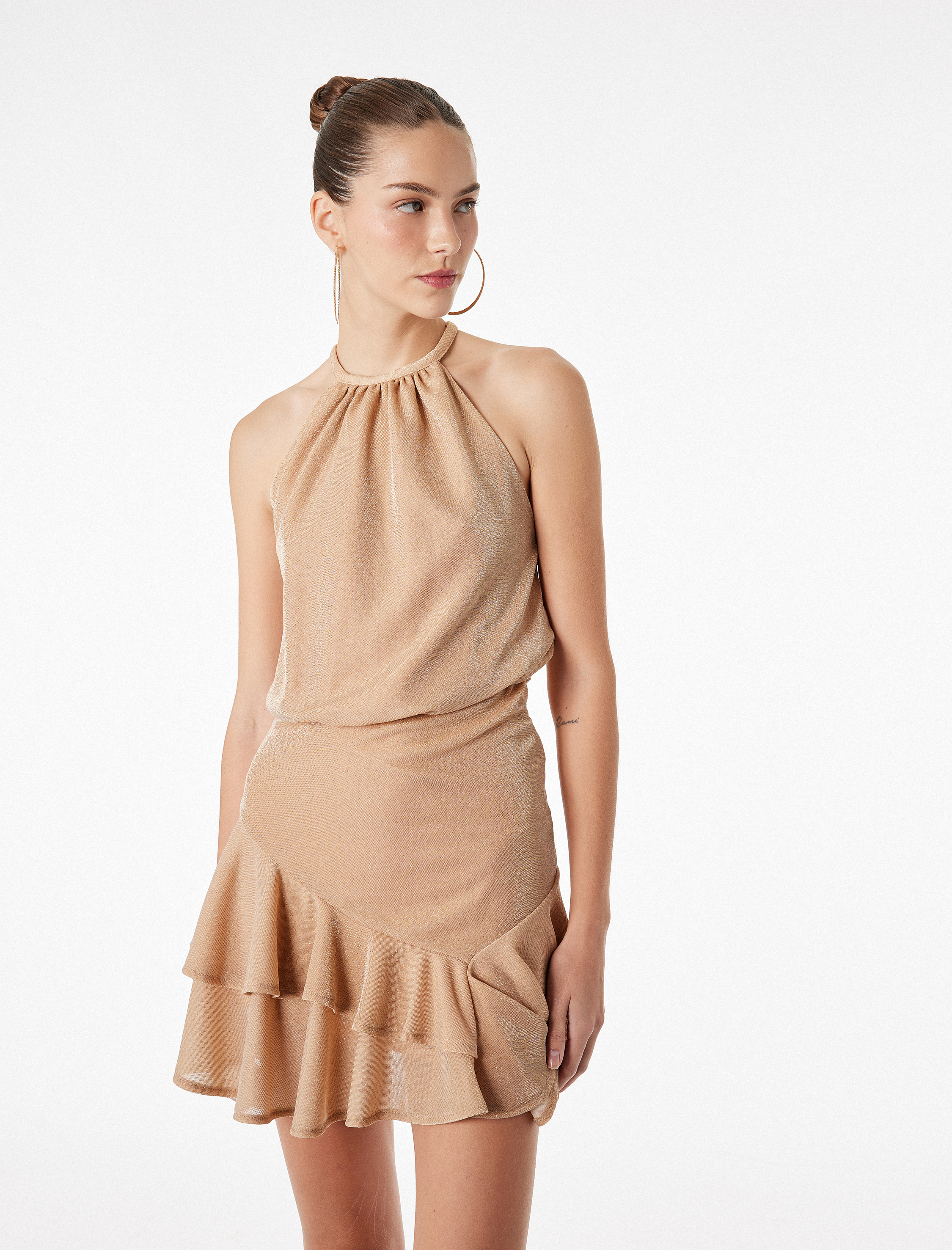 Halter Yaka Kolsuz Volanlı Katlı Metalik Mini Abiye Elbise - Görsel 2