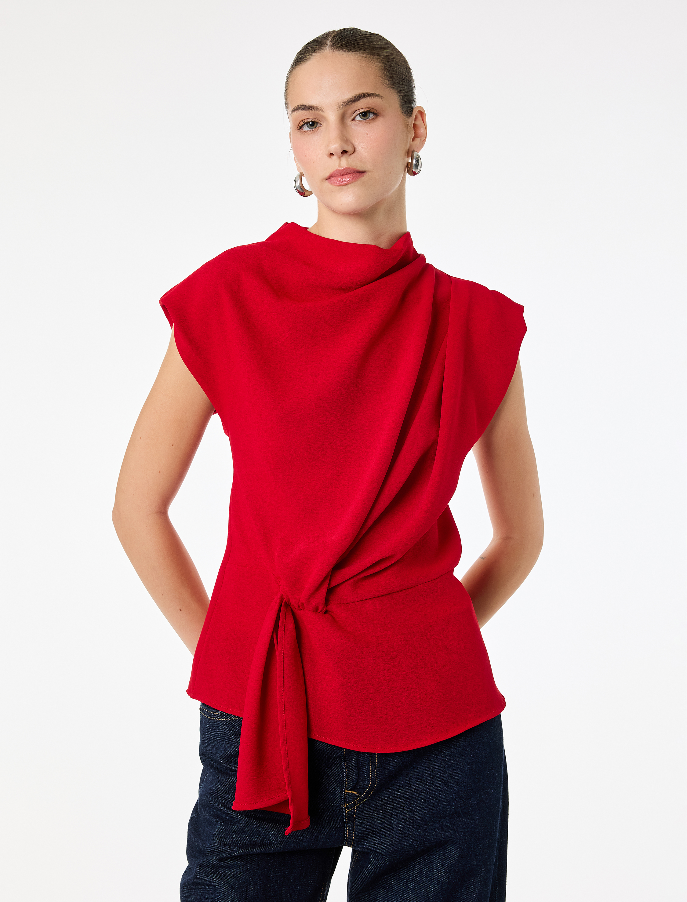   Dik Yaka Kolsuz Büzgülü Krep Bluz