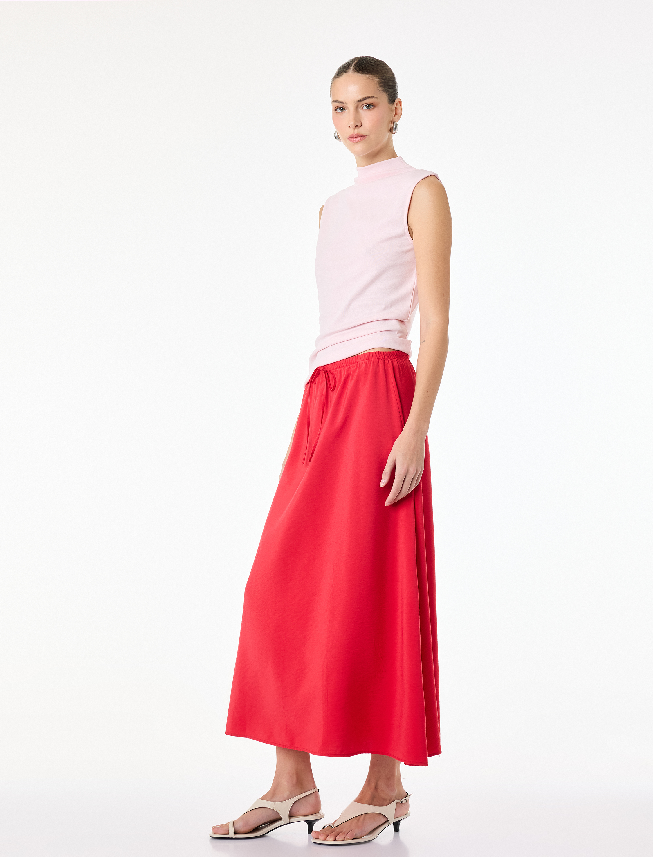   Viskon Kumaş Beli Bağlama Detaylı Midi Kloş Etek