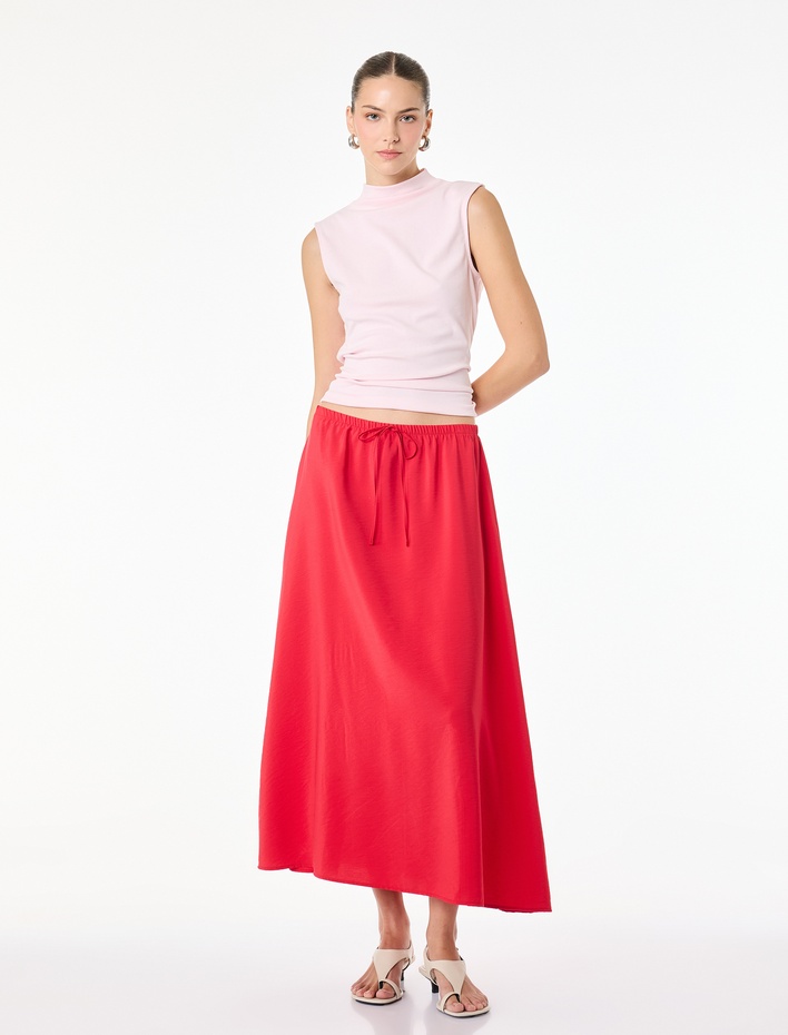  Viskon Kumaş Beli Bağlama Detaylı Midi Kloş Etek