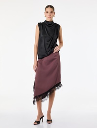 Asimetrik Kesim Normal Bel Dantel Detaylı Saten Etek