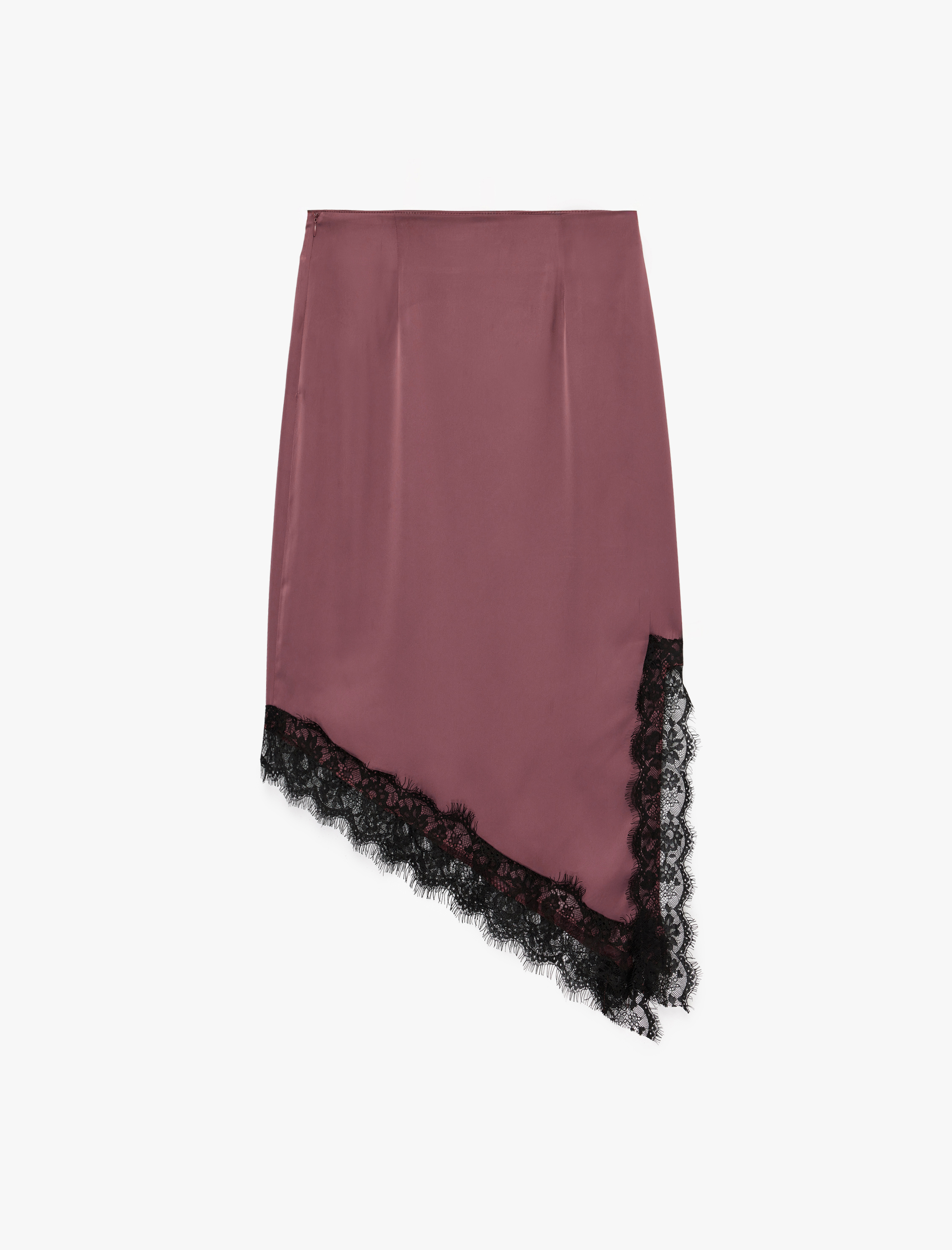   Asimetrik Kesim Normal Bel Dantel Detaylı Saten Etek