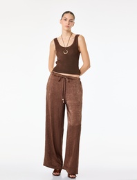 Bağcıklı Yüksek Bel Cep Detaylı Geniş Paça Saten Pantolon