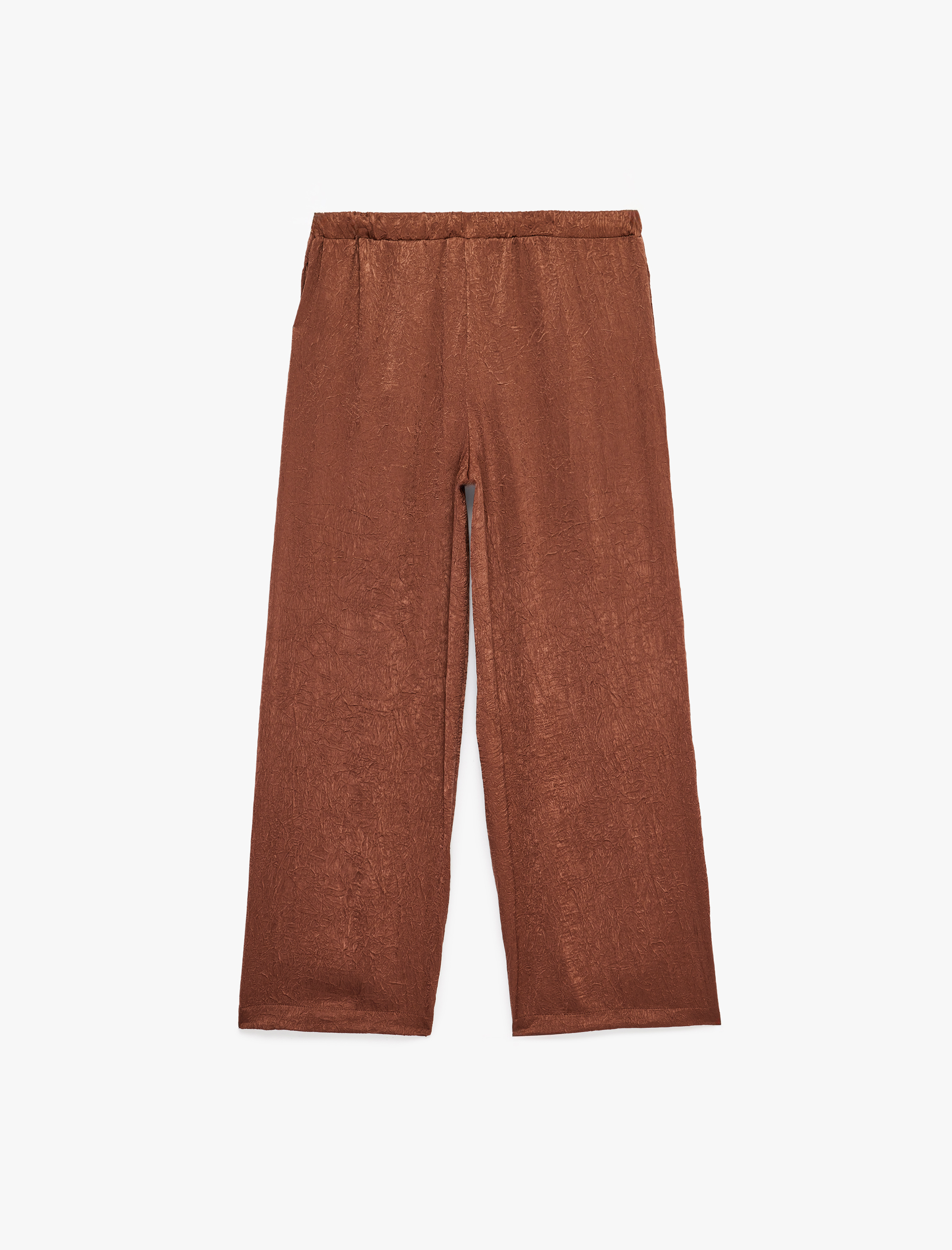   Bağcıklı Yüksek Bel Cep Detaylı Geniş Paça Saten Pantolon