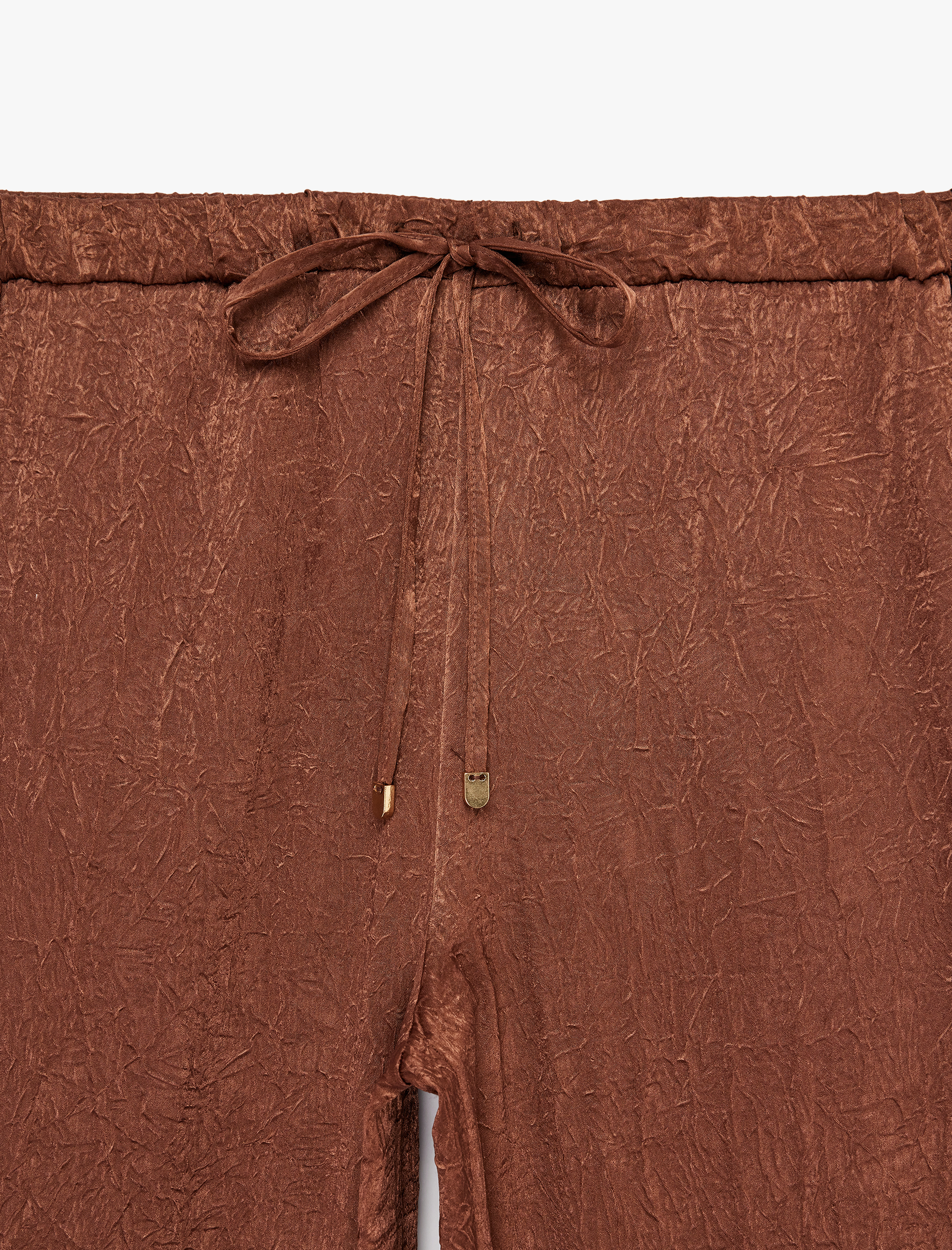   Bağcıklı Yüksek Bel Cep Detaylı Geniş Paça Saten Pantolon