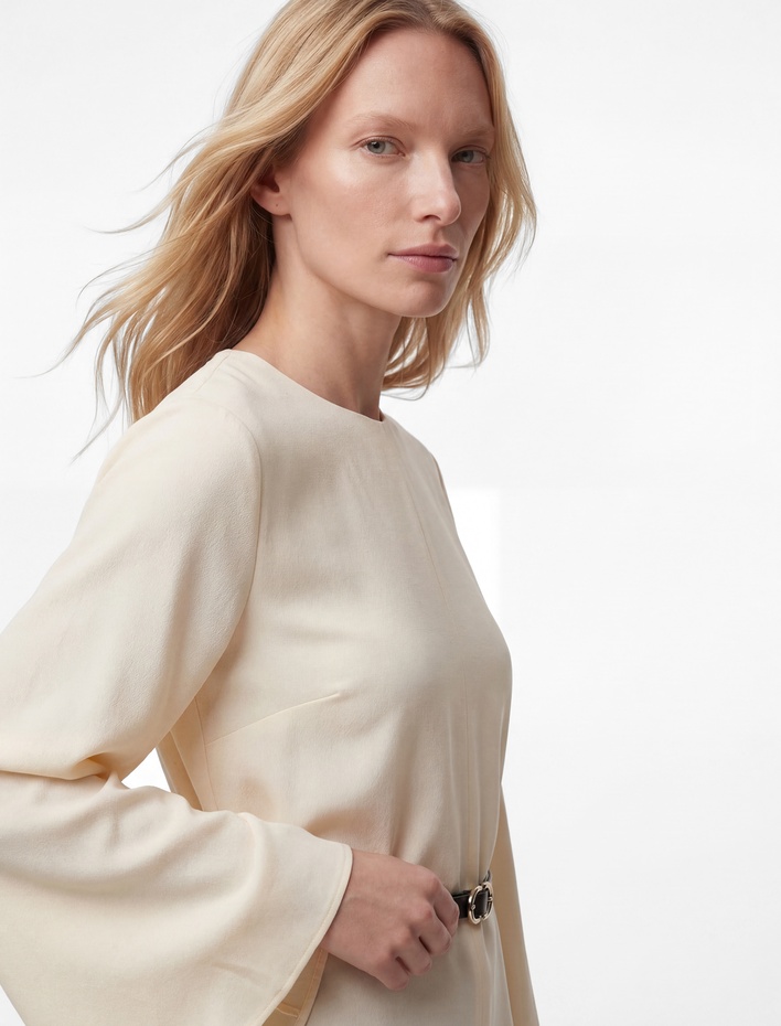  Uzun Yarasa Kollu Bisiklet Yaka Viskon Kemer Detaylı Volanlı Oversize Bluz