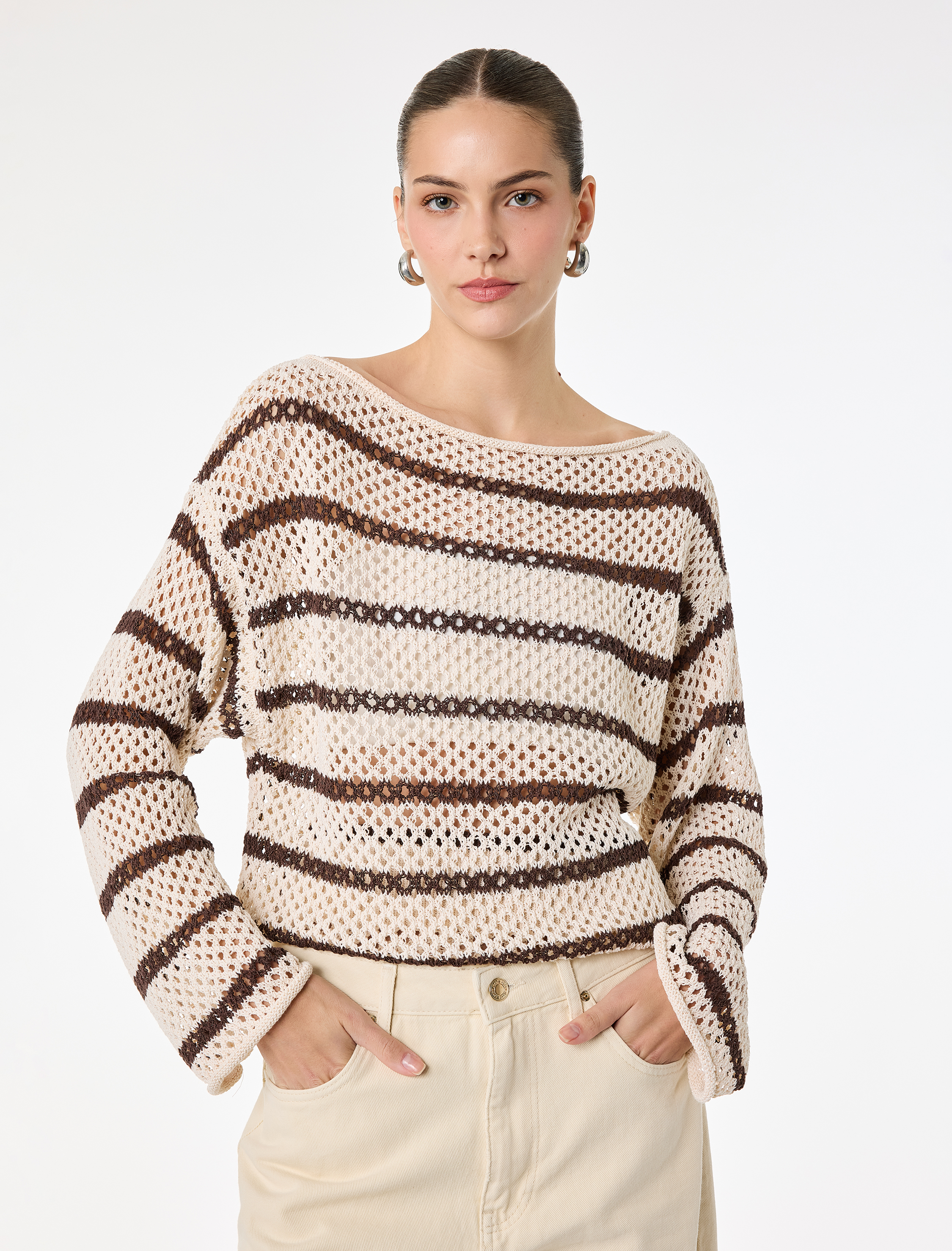   Uzun Kollu Bisiklet Yaka Çizgili Ajurlu Kroşe Oversize Kazak