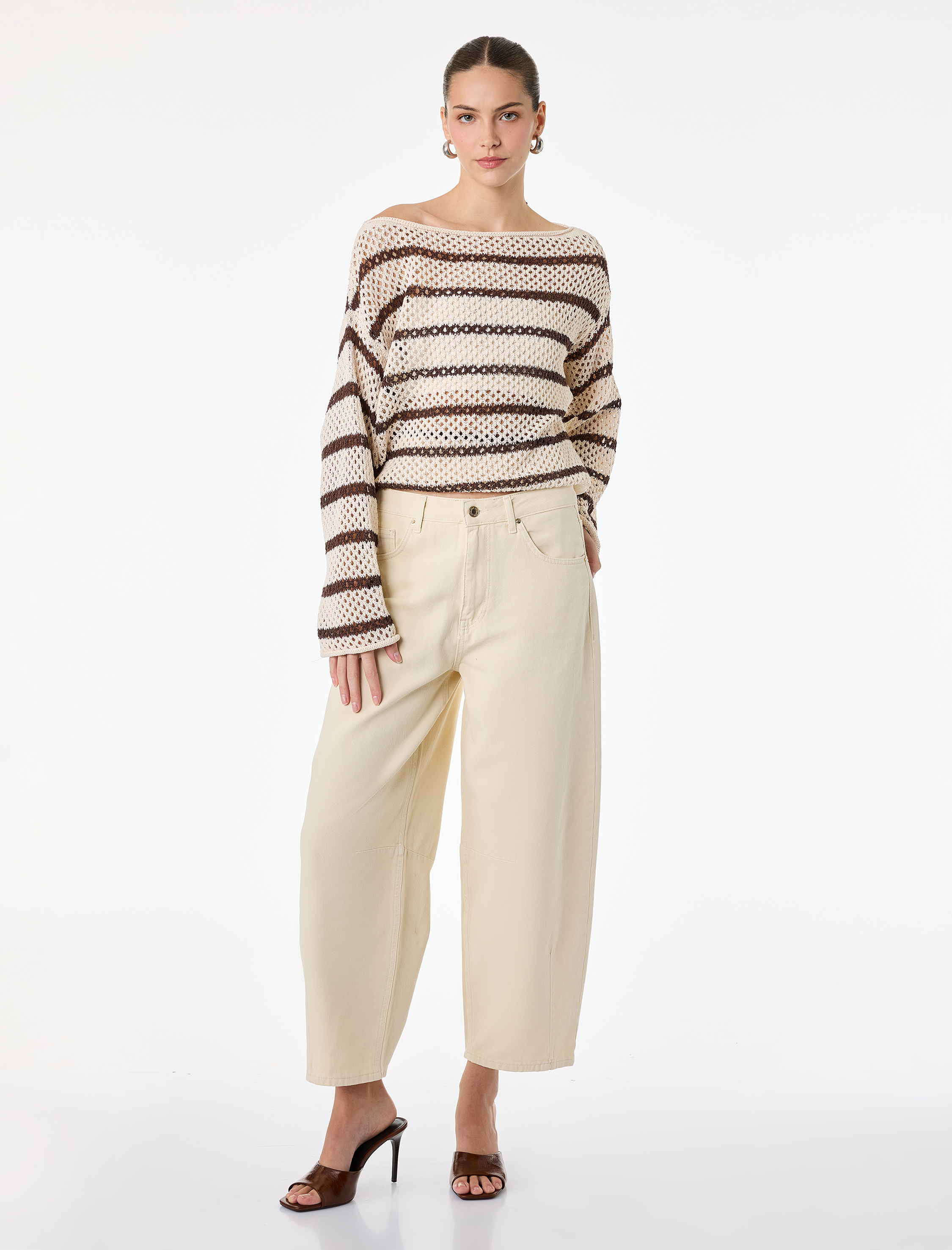   Uzun Kollu Bisiklet Yaka Çizgili Ajurlu Kroşe Oversize Kazak