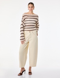 Uzun Kollu Bisiklet Yaka Çizgili Ajurlu Kroşe Oversize Kazak