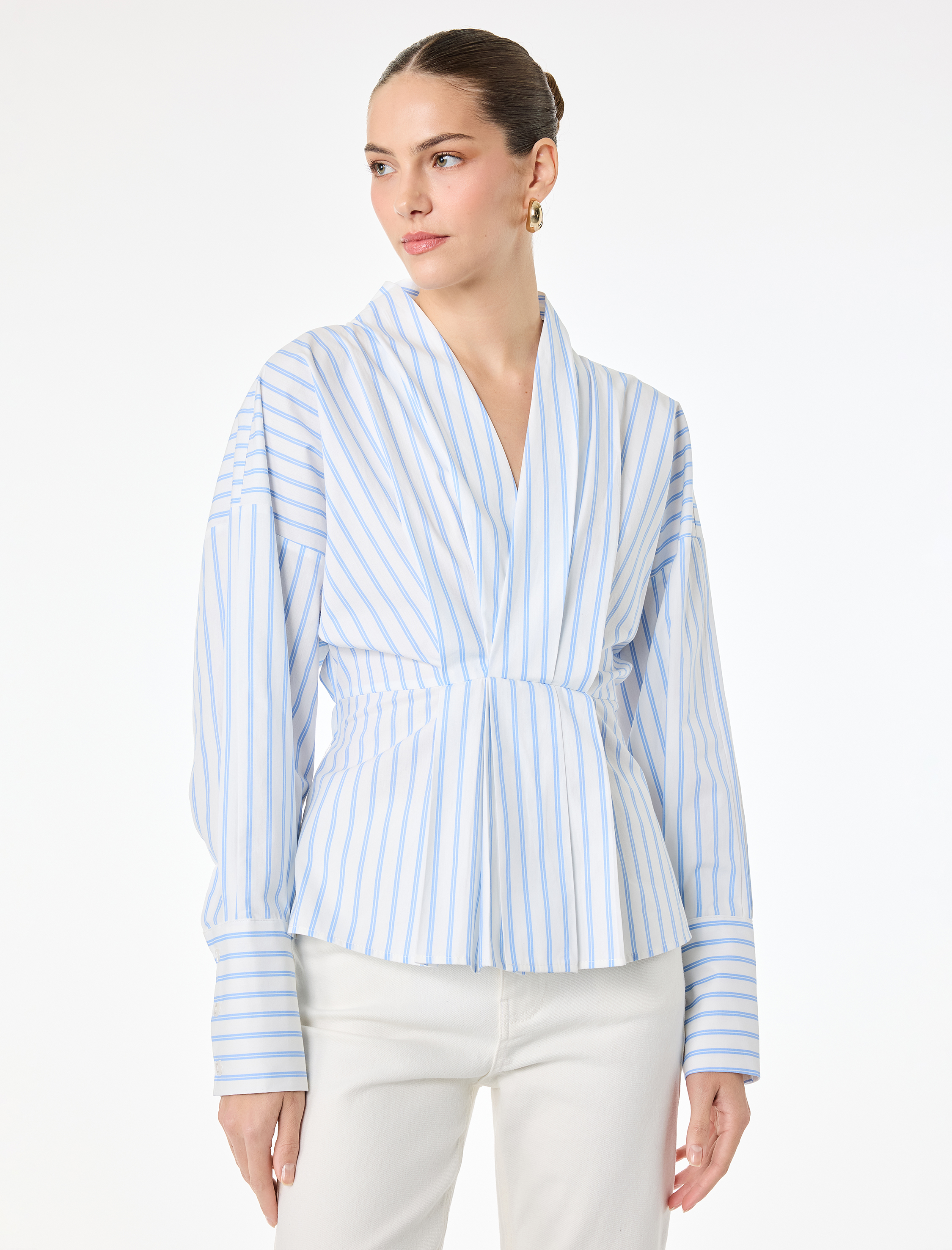   Pamuklu V Yaka Uzun Kollu Çizgili Bluz