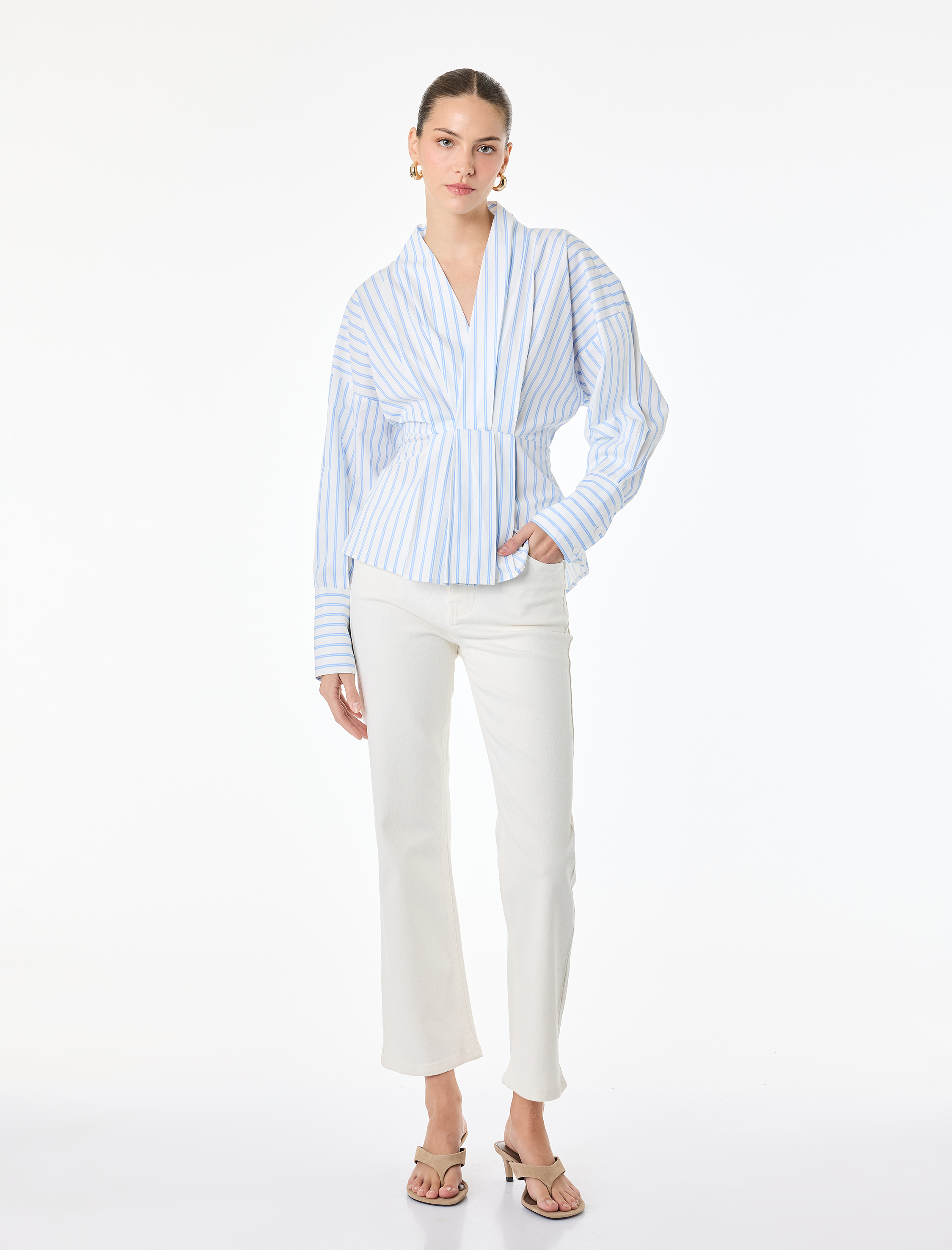   Pamuklu V Yaka Uzun Kollu Çizgili Bluz