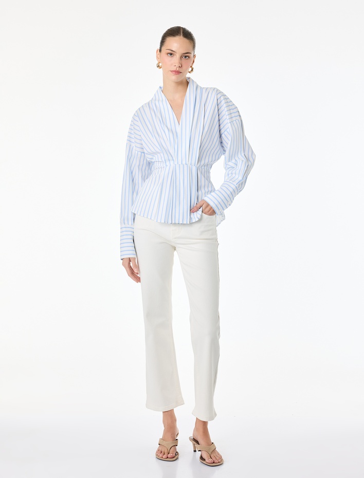  Pamuklu V Yaka Uzun Kollu Çizgili Bluz